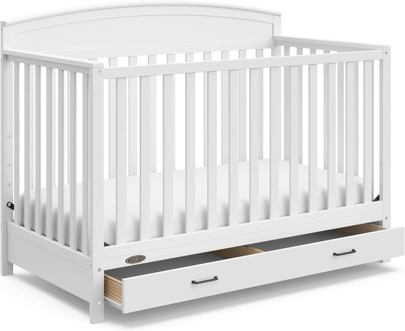 5-in-1 Convertible Baby Bed (with drawers, white) - Green Guardian Gold Certification, built-in baby bed storage drawer, convertible to toddler bed, day bed and full-size bed