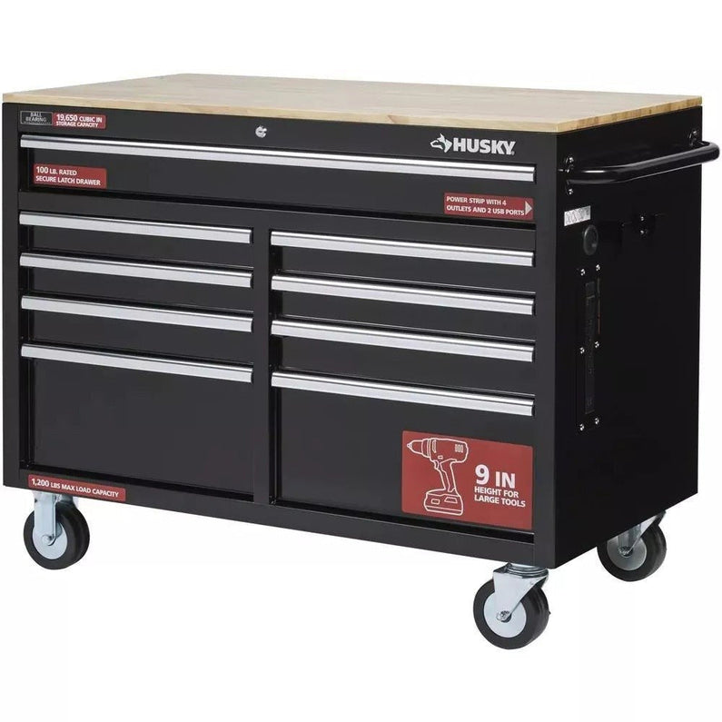 Gloss Black 46 9-Drawer Mobile Tool Chest Workbench with Power Strip & Solid Wood Top