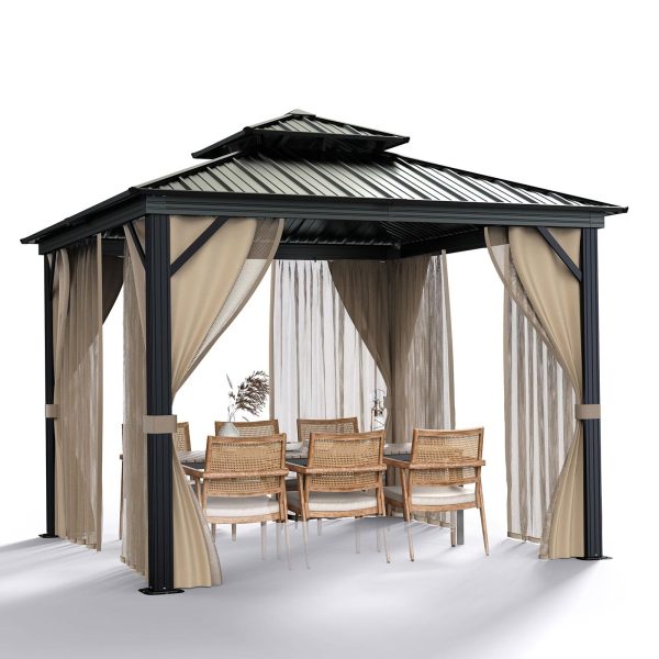 10'x10′ Hardtop Gazebo with double metal roof, aluminum frame, net, and curtain. All-weather, ideal for patio, deck, garden, backyard. Khaki.