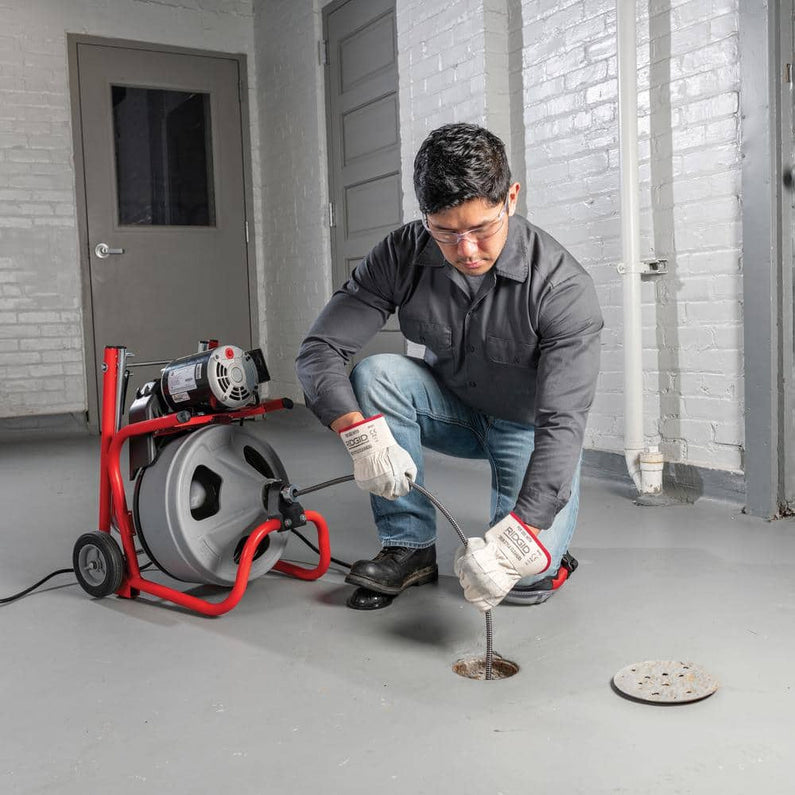 K-400 Drain Cleaning Snake Auger 120-Volt Drum Machine with C-32IW 3/8 in. x 75 ft. Cable + 4-Piece Tool Set & Gloves 52363
