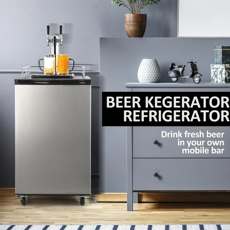 Beer Kegerator, Dual Tap Draft Beer Dispenser, Full Size Stainless Steel Keg Refrigerator With Drip Tray, CO2 Cylinder, 32°F- 50°F Temperature Control, 170L