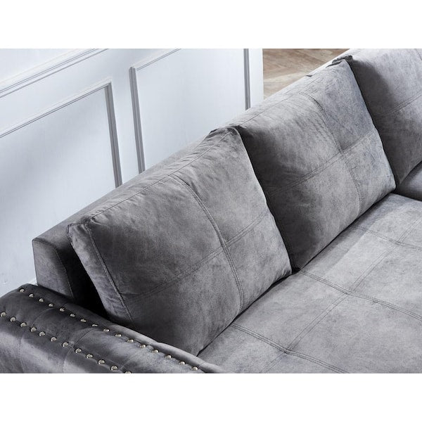Reversible 90.5in. Gray Velvet Sleeper Sectional Sofa L-Shape 3 Seat Sectional Couch with Storage