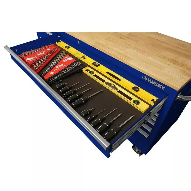Husky 72 in. 18-Drawer Mobile Workbench with Solid Wood Top in Gloss Blue