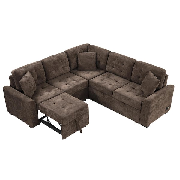 82.6 in. L Shaped Corded Velveteen Modern Sectional Sofa Pull-out Sleeper Sofa in. Brown with USB Ports, Power Sockets