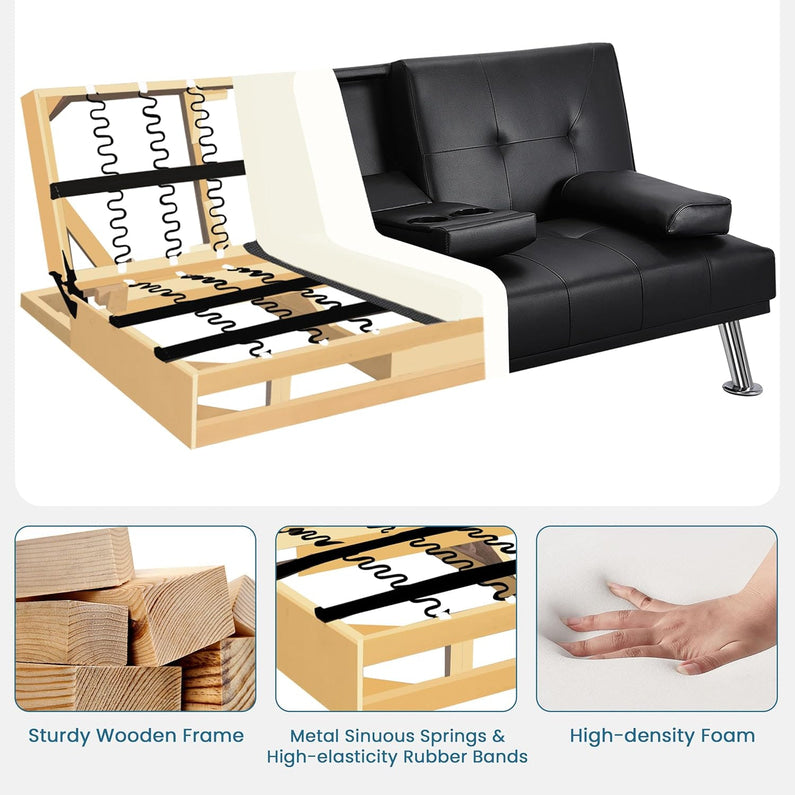 Yaheetech Convertible Sofa Bed Adjustable Couch Sleeper Modern Faux Leather Home Recliner Reversible Loveseat Folding Daybed Guest Bed, Removable Armrests, Cup Holders, 3 Angles, 772lb Capacity, Black