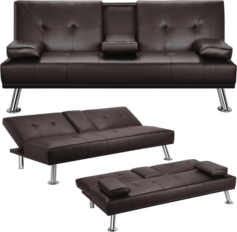 Yaheetech Convertible Sofa Bed Adjustable Couch Sleeper Modern Faux Leather Home Recliner Reversible Loveseat Folding Daybed Guest Bed, Removable Armrests, Cup Holders, 3 Angles, 772lb Capacity, Black