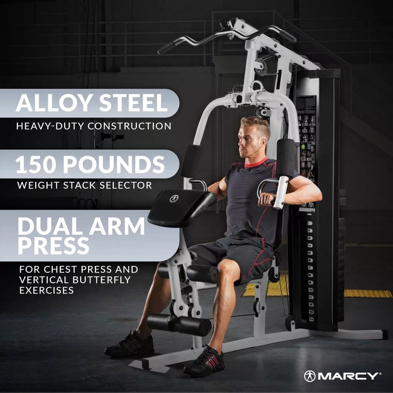 Marcy 150 Pound Stack Home Gym, Dual Function Arm Press & Leg Developer, Full Body Workout, Black/White