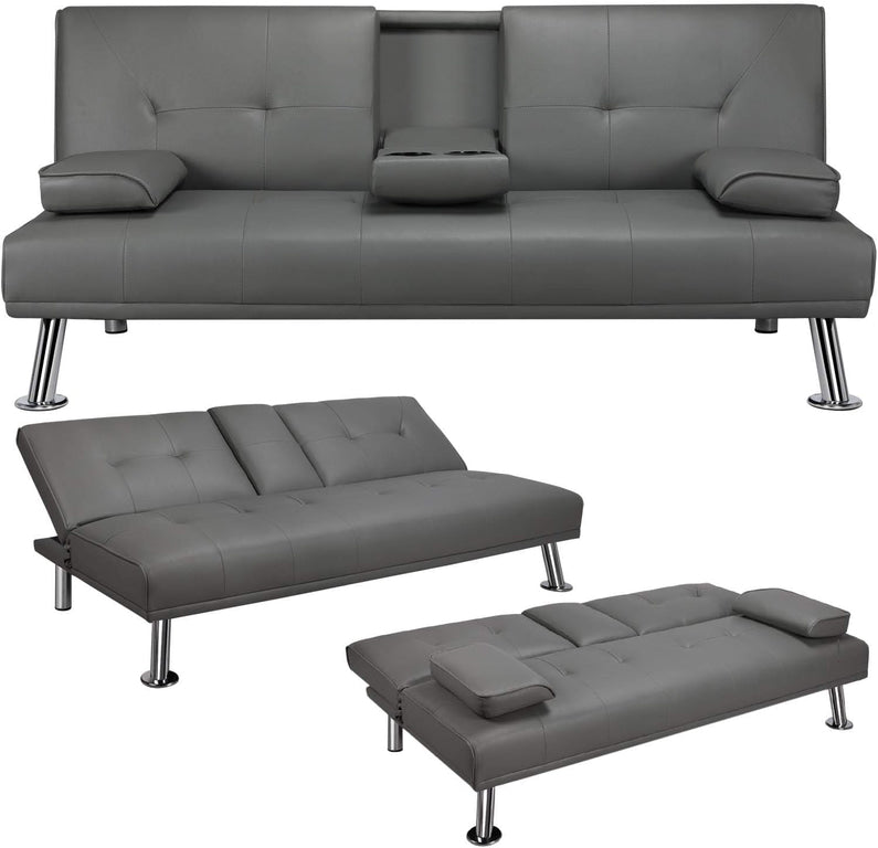 Yaheetech Convertible Sofa Bed Adjustable Couch Sleeper Modern Faux Leather Home Recliner Reversible Loveseat Folding Daybed Guest Bed, Removable Armrests, Cup Holders, 3 Angles, 772lb Capacity, Black
