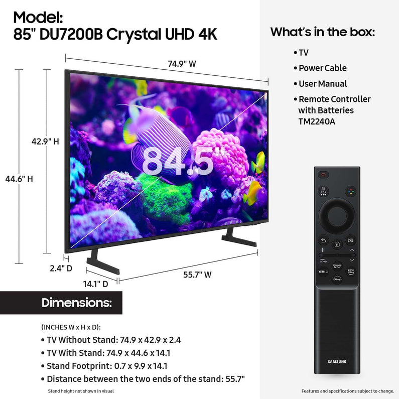 Samsung 85 Crystal UHD 4K Smart TV DU7200B with PurColor, HDR, and Tizen OS 2024 Model
