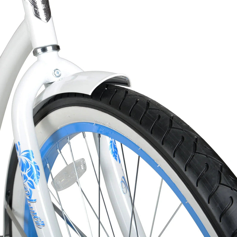 Hyper Bicycle Women's 26 In. Beach Cruiser, White with Blue Rim