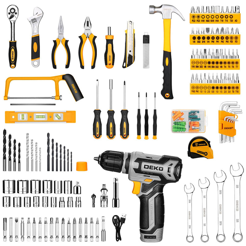 Tool Kit Box Drill Set: DEKOPRO Home Mechanic Toolbox with 12V Power Cordless Drill
